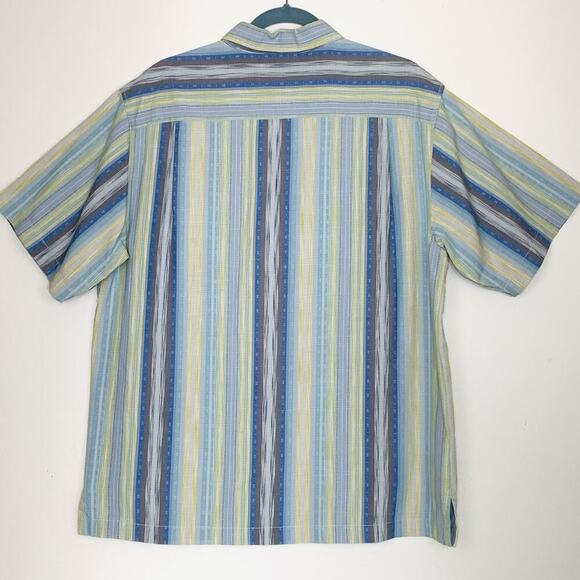 TOMMY BAHAMA Silk Cotton Stripe Shirt Men M Blue Green SS Button Up Hawaiian EUC - Picture 2 of 7